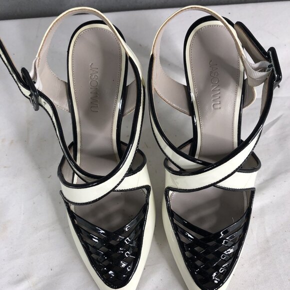 Jason Wu Heels Womens 7.5 US 38 EU White Black Patent Leather Lattice Accent - Picture 3 of 16